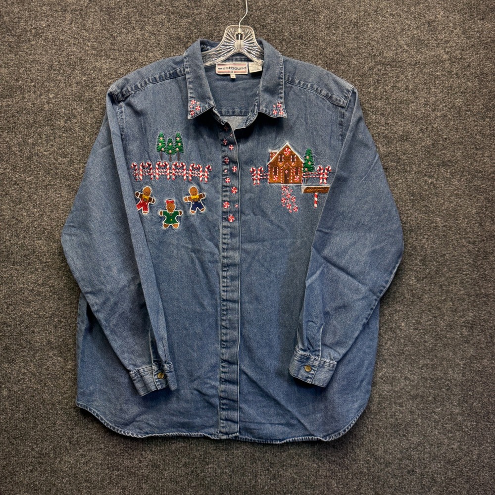 Westbound Christmas Denim Shirt Womens 1X Blue Gingerbread Holiday Kitschy Retro